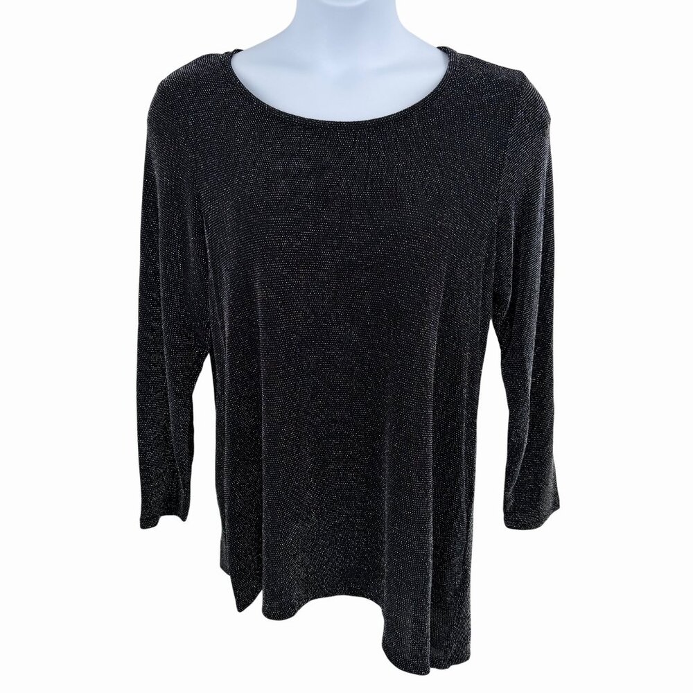 CALVIN KLEIN BLACK SILVER METALLIC SHIMMER BIAS CUT 3/4 SLEEVE TOP - 0X